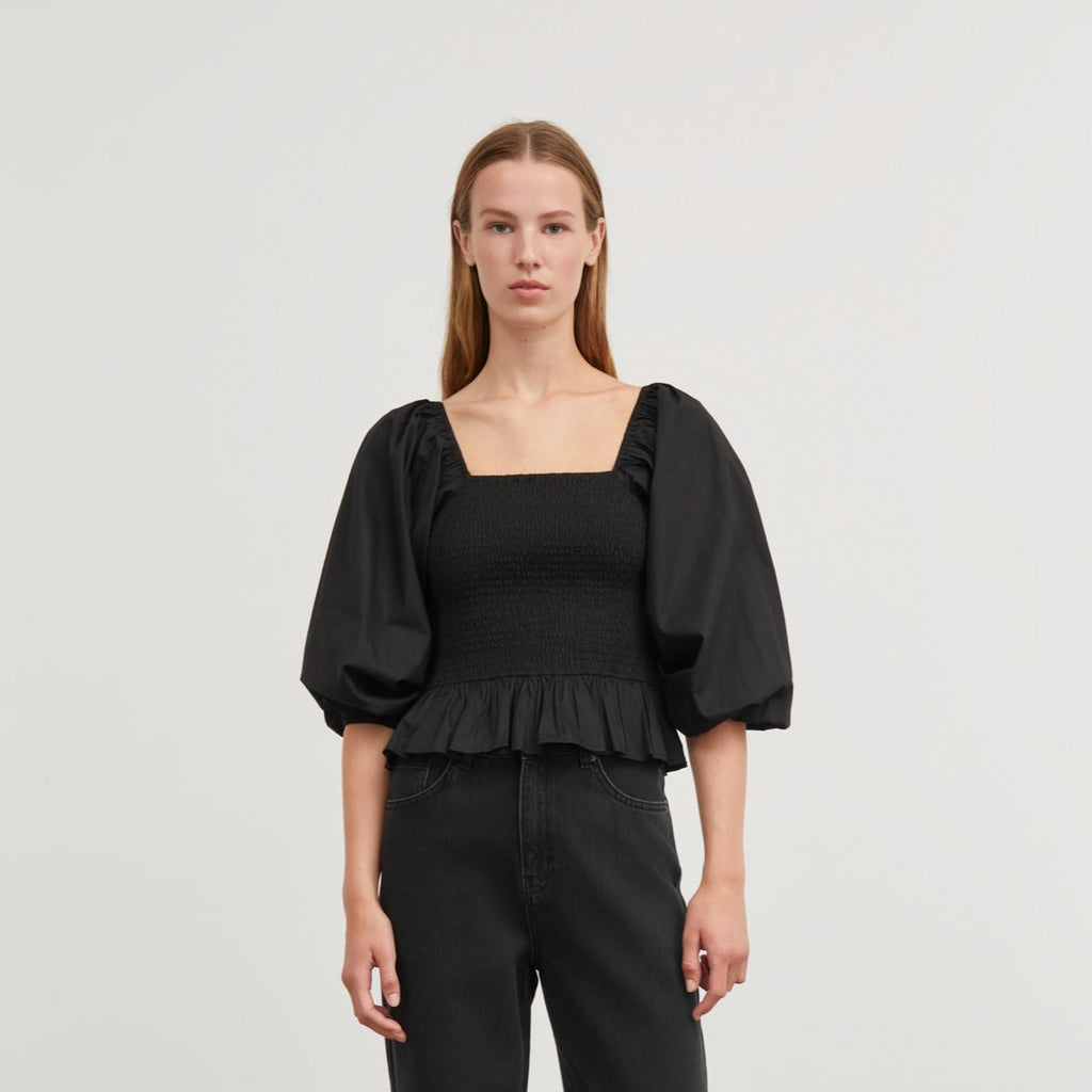 black smock cotton Evelyn top blouse with elbow length sleeves by Skall Studio