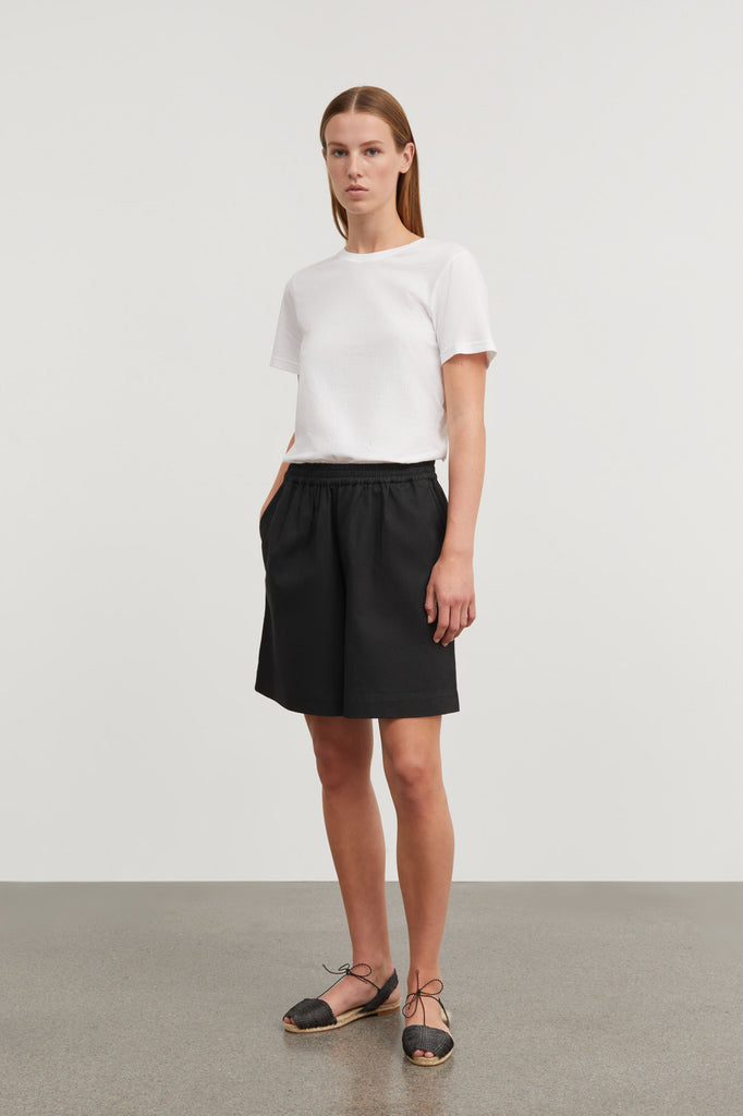 black cotton twill Somerville long knee length shorts by Skall Studio