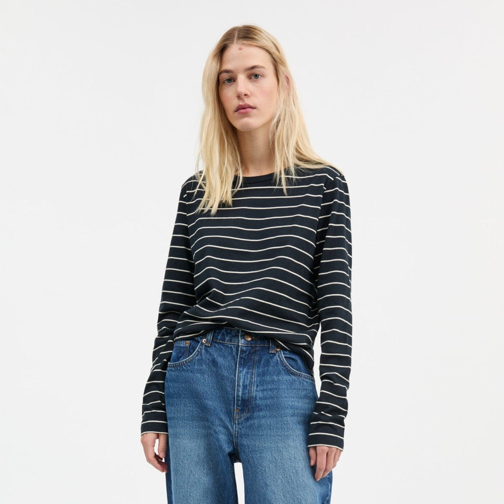 SKALL STUDIO Loui long sleeve top navy blue and white stripe organic cotton relaxed