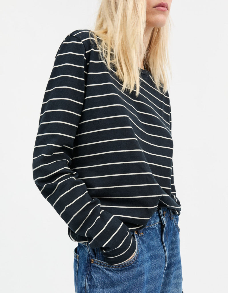 SKALL STUDIO Loui long sleeve top navy blue and white stripe organic cotton relaxed