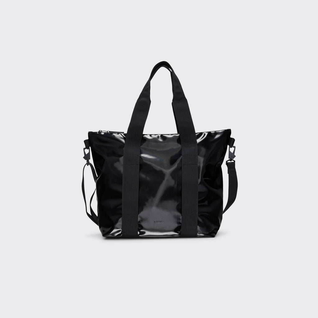 shiny black waterproof tote bag mini by Rains with top handle and shoulder strap