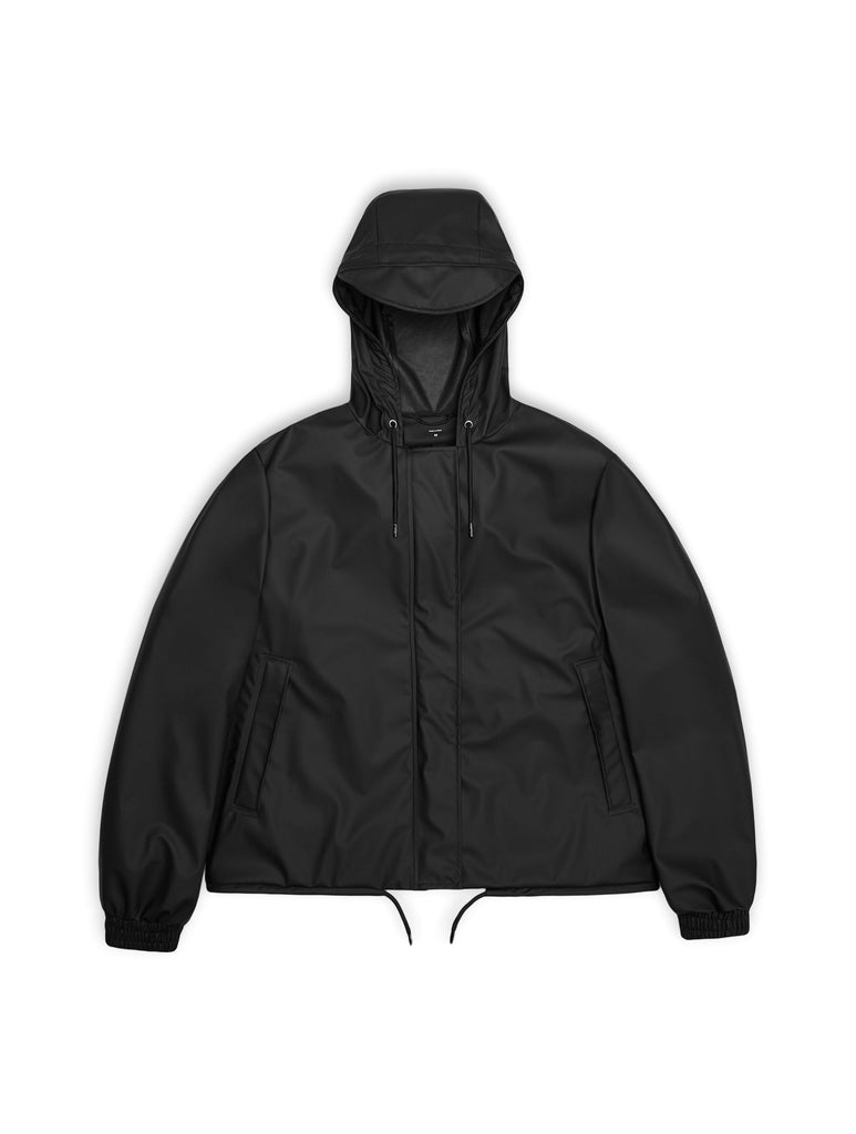 matt black cropped string waterproof jacket with hood by Rains