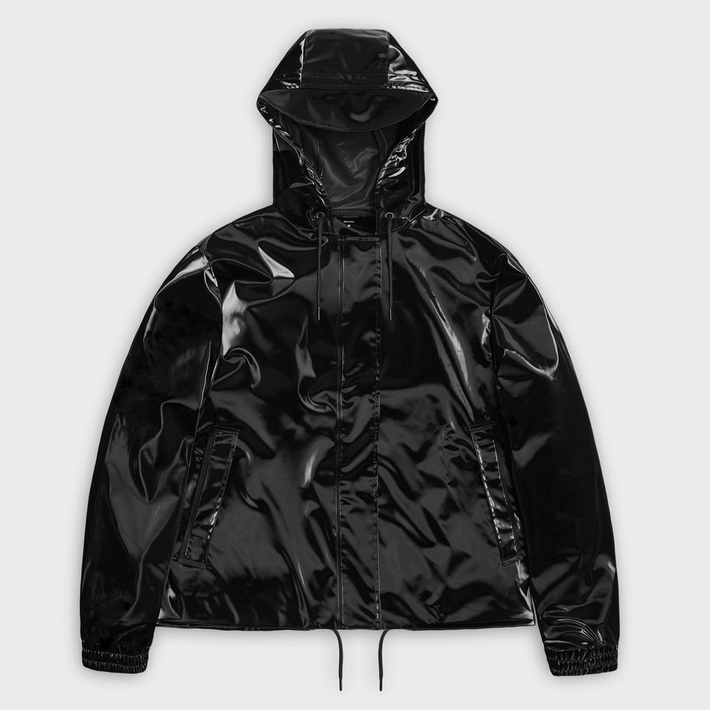 Rains cropped string waterproof jacket with hood night shiny black