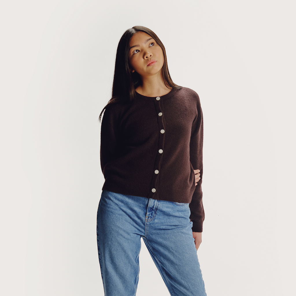 the gather poppy 100% lambswool button up crew neck cardigan dark brown