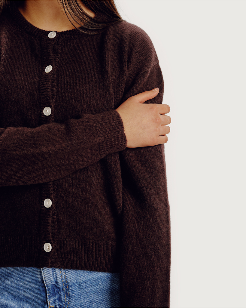 the gather poppy 100% lambswool button up crew neck cardigan dark brown
