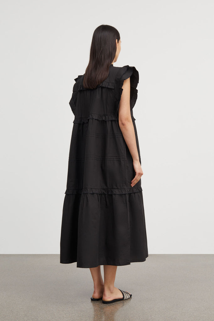 black cotton v neck ruffle loose Clover maxi dress by Skall Studio