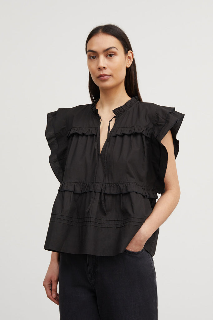 black ruffle short sleeve Gaya blouse top by Skall Studio