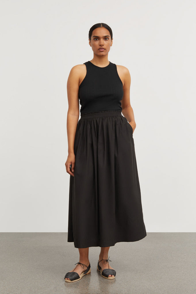 black cotton pull on Dagny skirt with elastic waist by Skall Studio