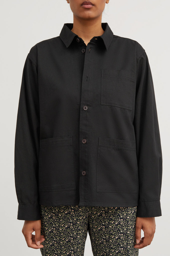 black cotton twill O'Keefe shirt jacket shacket by Skall Studio