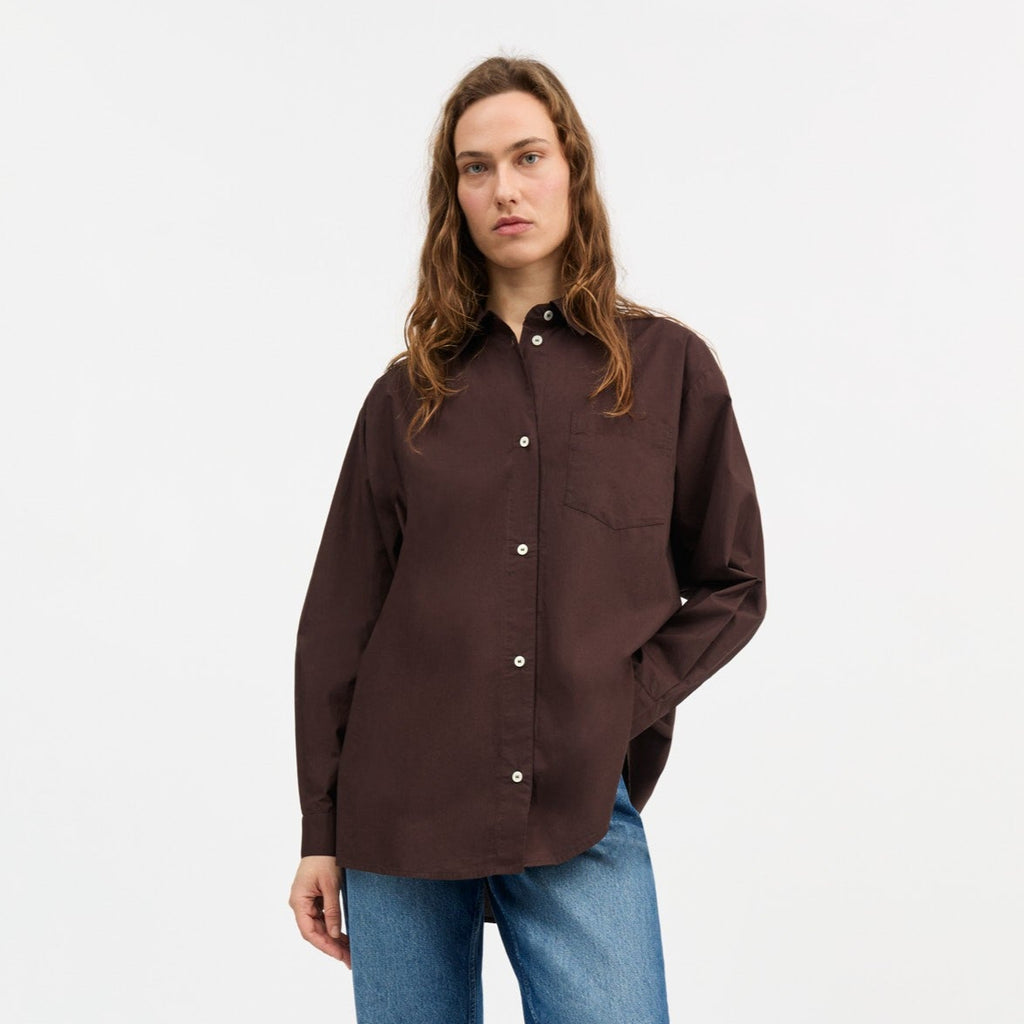 skall studio oversized button down edgar shirt dark chocolate brown