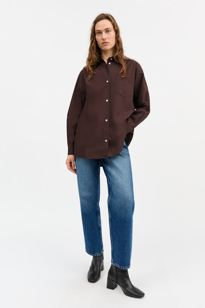 skall studio oversized button down edgar shirt dark chocolate brown