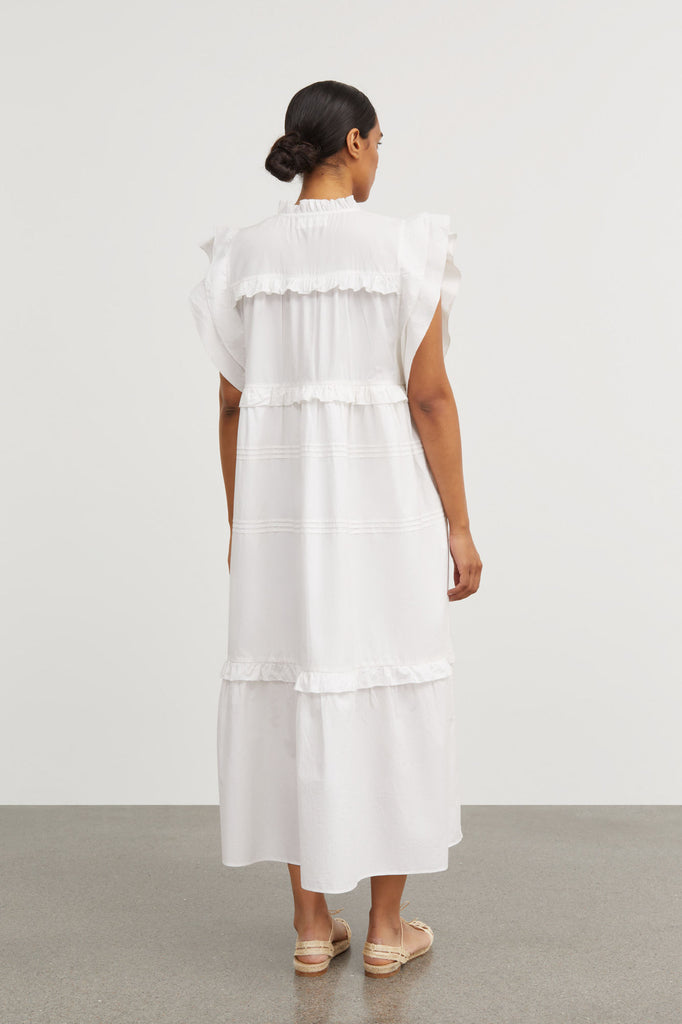 white cotton v neck ruffle loose Clover maxi dress by Skall Studio