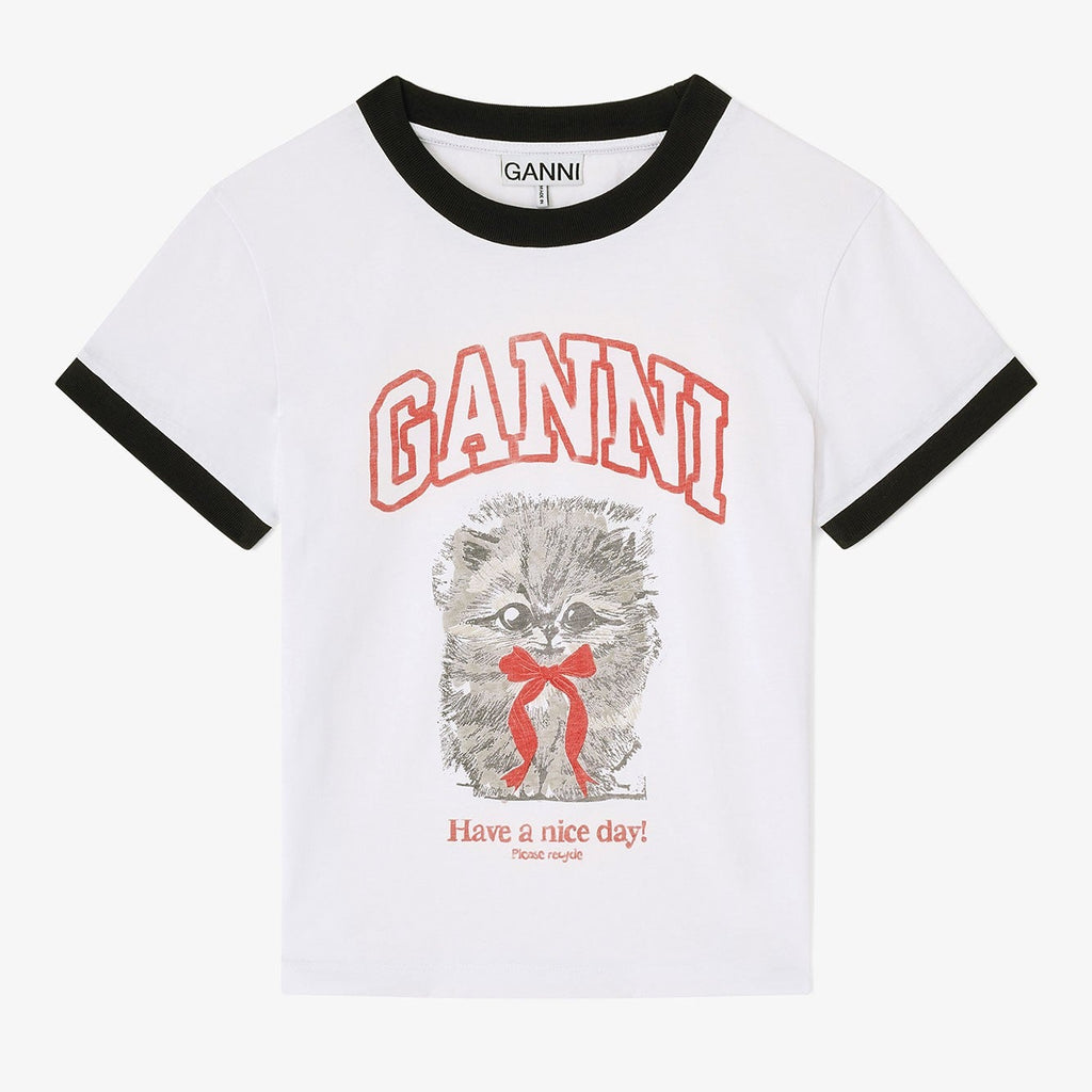 ganni fitted 90's-style crop baby ringer tee logo kitty graphic