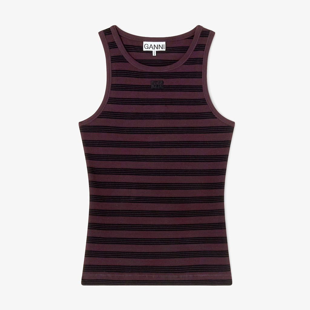 GANNI SOFT COTTON RIB LOGO TANK TOP CHOCOLATE PLUM and black stripe