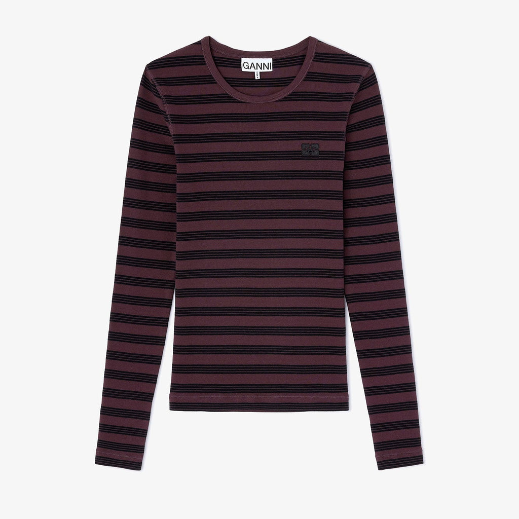 ganni SOFT COTTON RIB LONG SLEEVE T-SHIRT CHOCOLATE brown PLUM black stripe