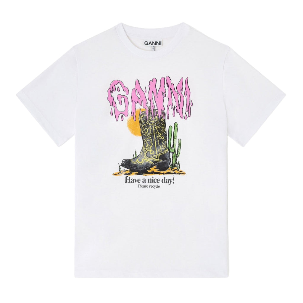 ganni basic relaxed COTTON T-SHIRT WESTERN BOOT pink slime logo have a nice day please recycle!