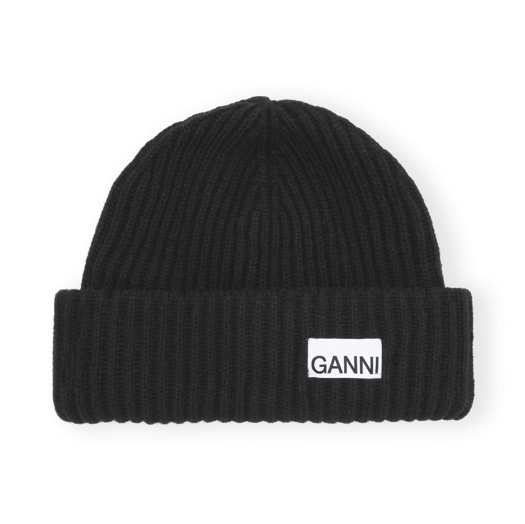 GANNI oversized ribbed beanie knitted hat black logo