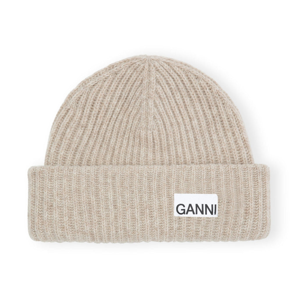 ganni oversized ribbed beanie wool hat cream brazilian sand oat logo