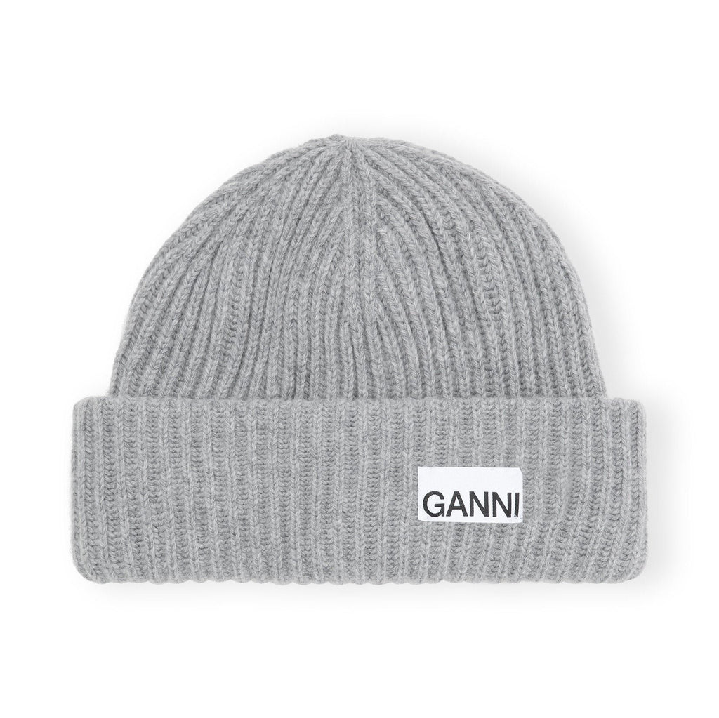 ganni oversized ribbed wool knitted beanie grey melange logo