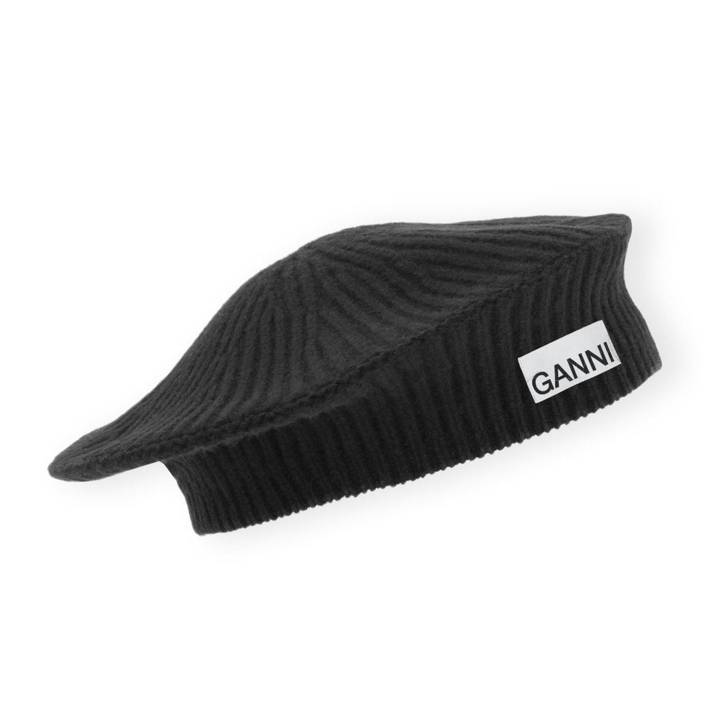 GANNI black wool knit beret logo