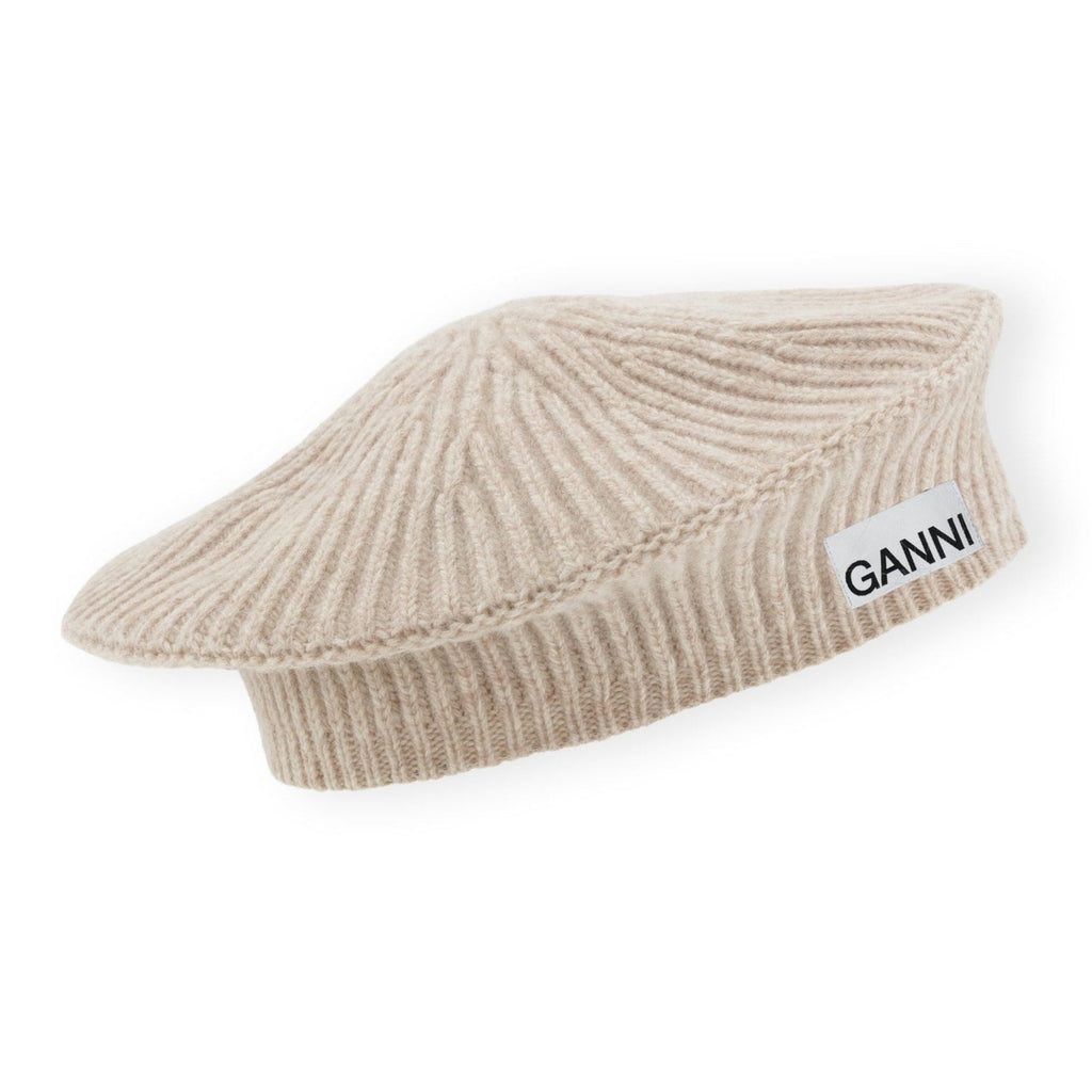 GANNI Brazilian sand cream oat wool knit beret logo