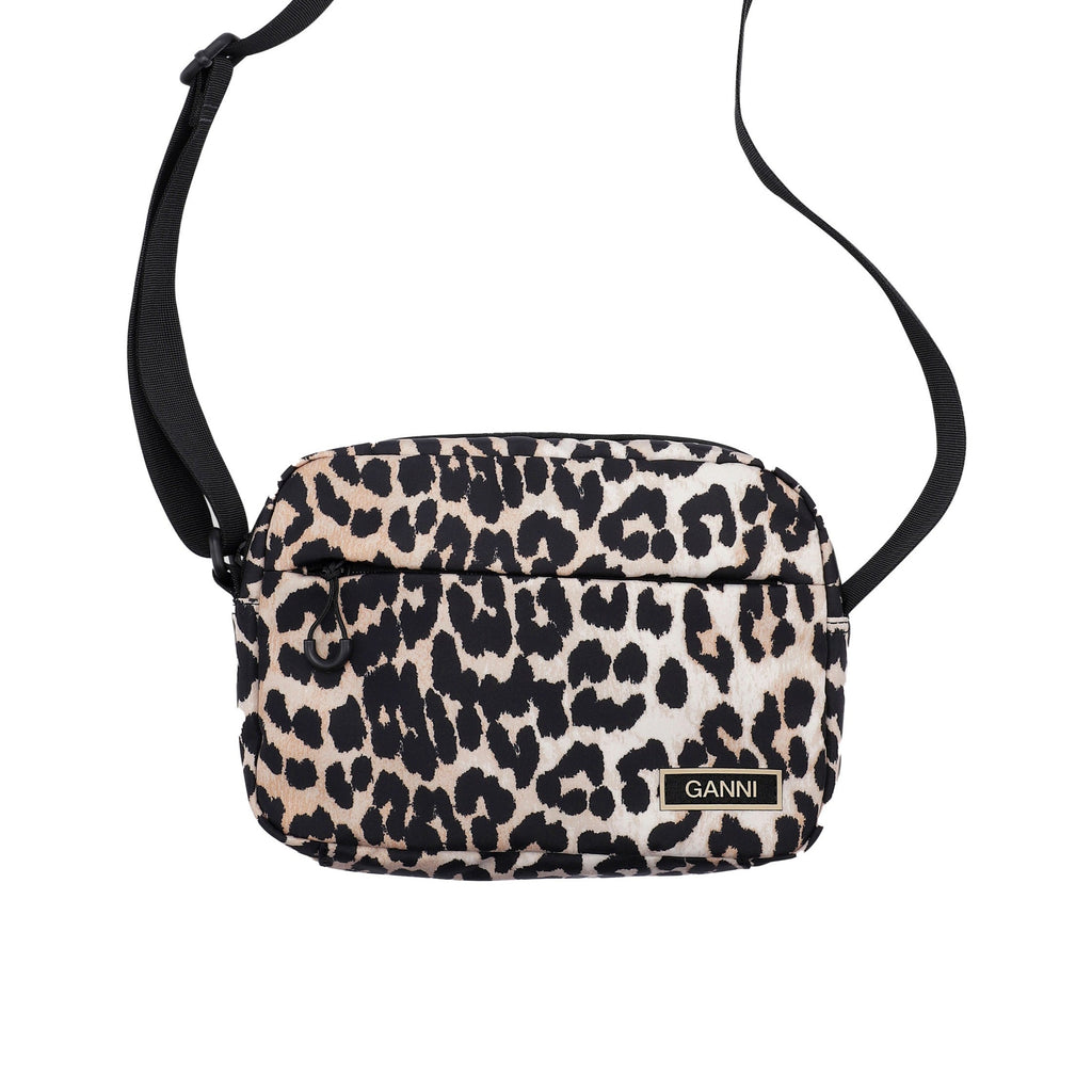 GANNI recycled polyester tech festival cross body shoulder bag brown leopard print logo