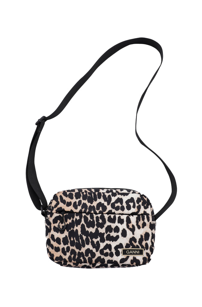 GANNI recycled polyester tech festival cross body shoulder bag brown leopard print logo