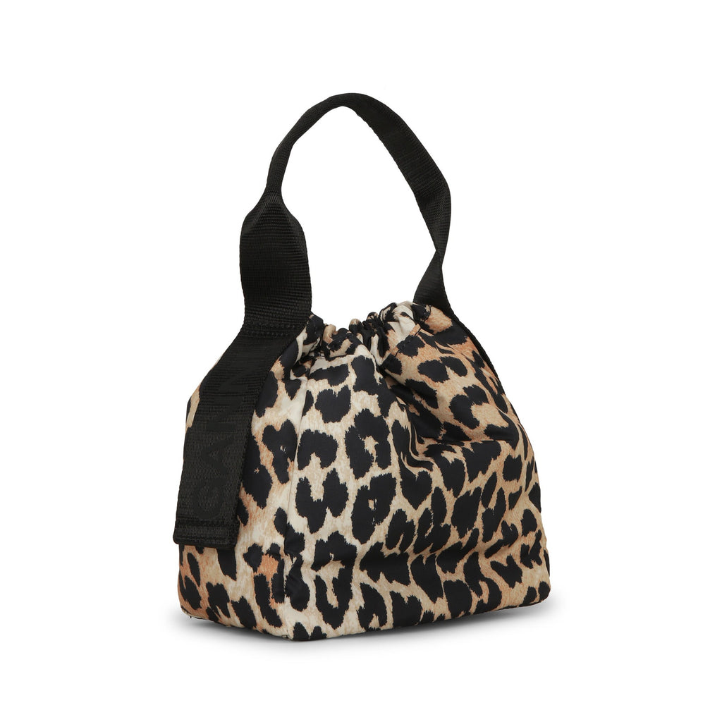 muted brown leopard print top handle pouch tech bag by Ganni