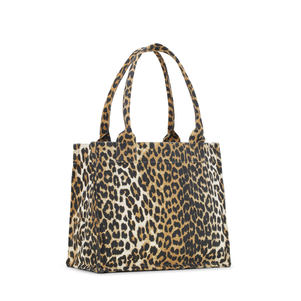 GANNI leopard print canvas large tote bag embroidered logo have a nice day organic cotton