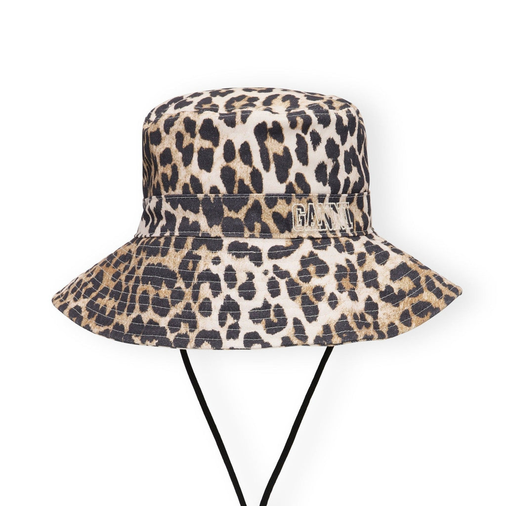 ganni leopard print cotton bucket wide brim floppy summer sun hat