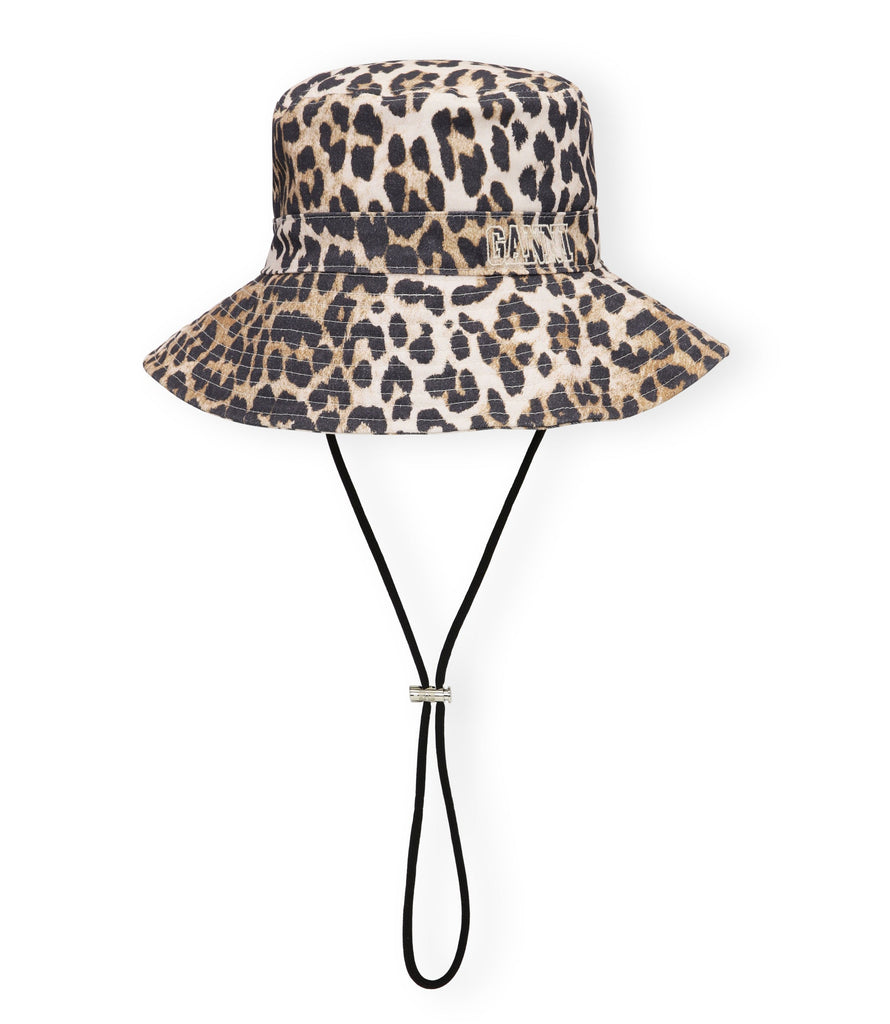 ganni leopard print cotton bucket wide brim floppy summer sun hat