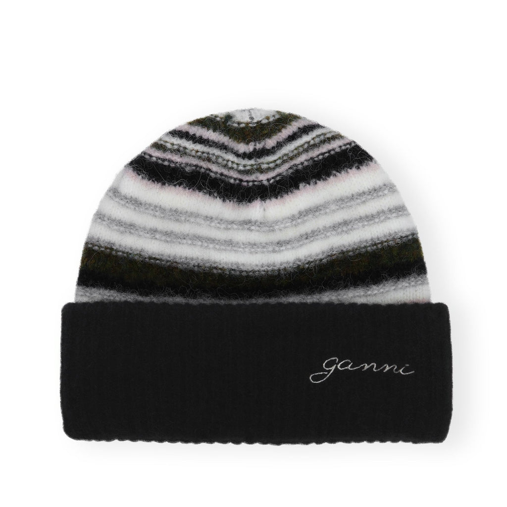 GANNI black soft wool striped beanie logo 