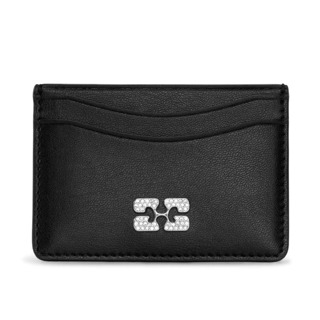 GANNI Bou Card Holder wallet butterfly logo BLACK recycled leather rhinestone crystals