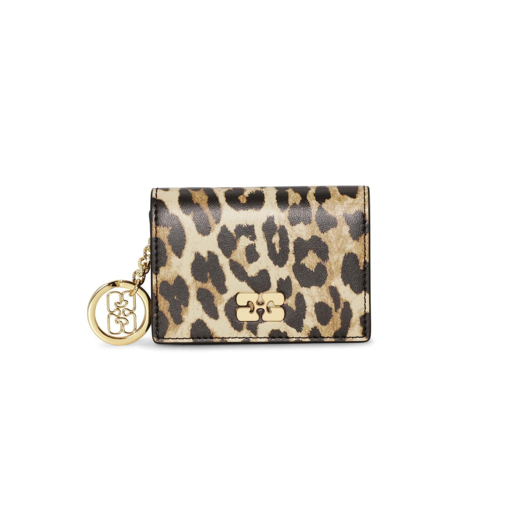 ganni flap card holder keyring bag charm leopard