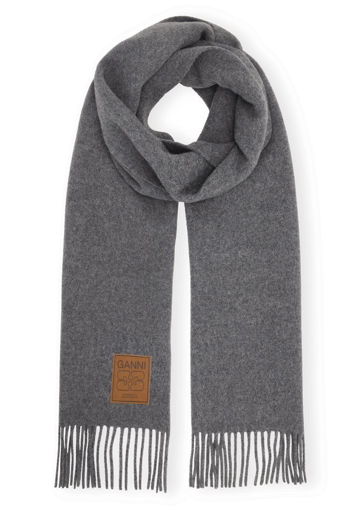 GANNI wool scarf with fringing and a tan leather brand logo patch dark charcoal grey