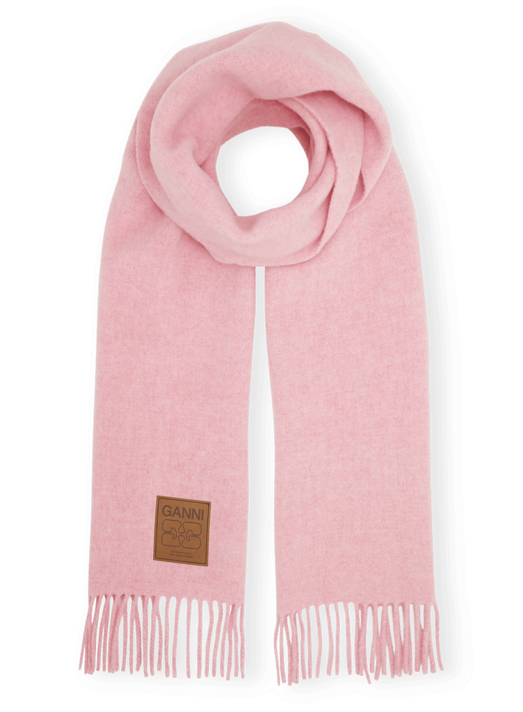 GANNI wool scarf with fringing and a tan leather brand logo patch pink