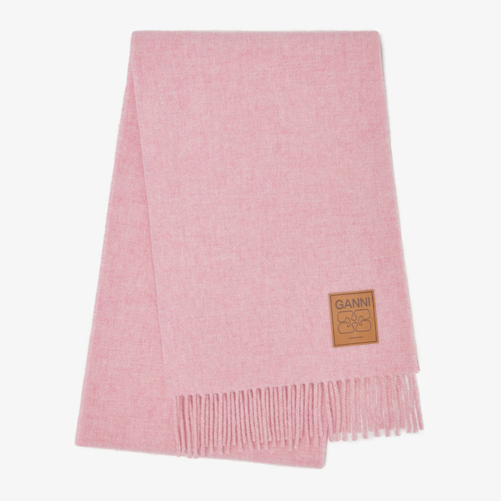 GANNI wool scarf with fringing and a tan leather brand logo patch pink