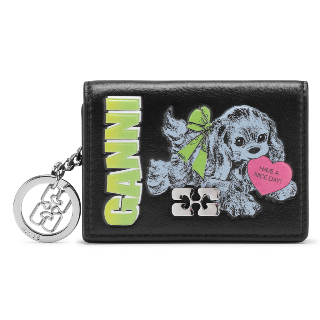 ganni bou card holder wallet faux leather black puppy neon logo silver butterfly chain