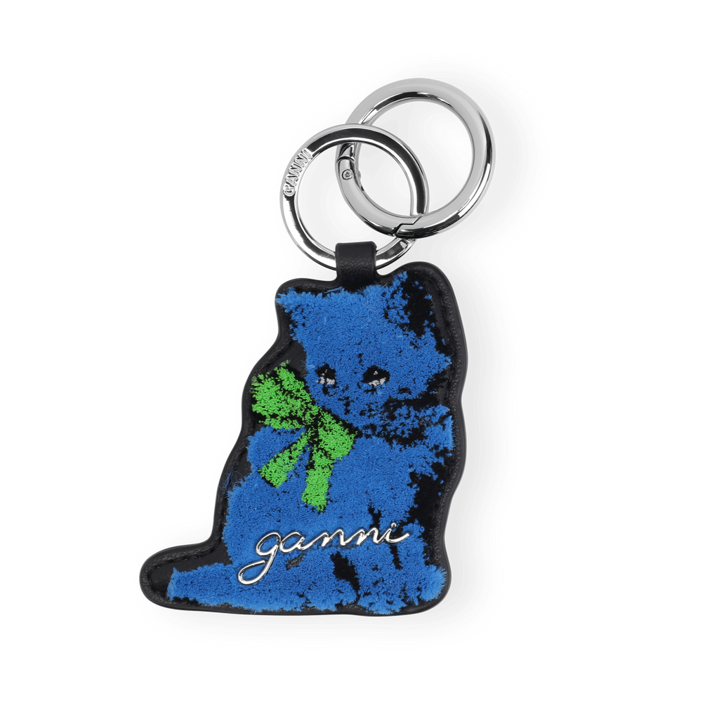 GANNI blue cat kitty key ring chain silver tone bag charm