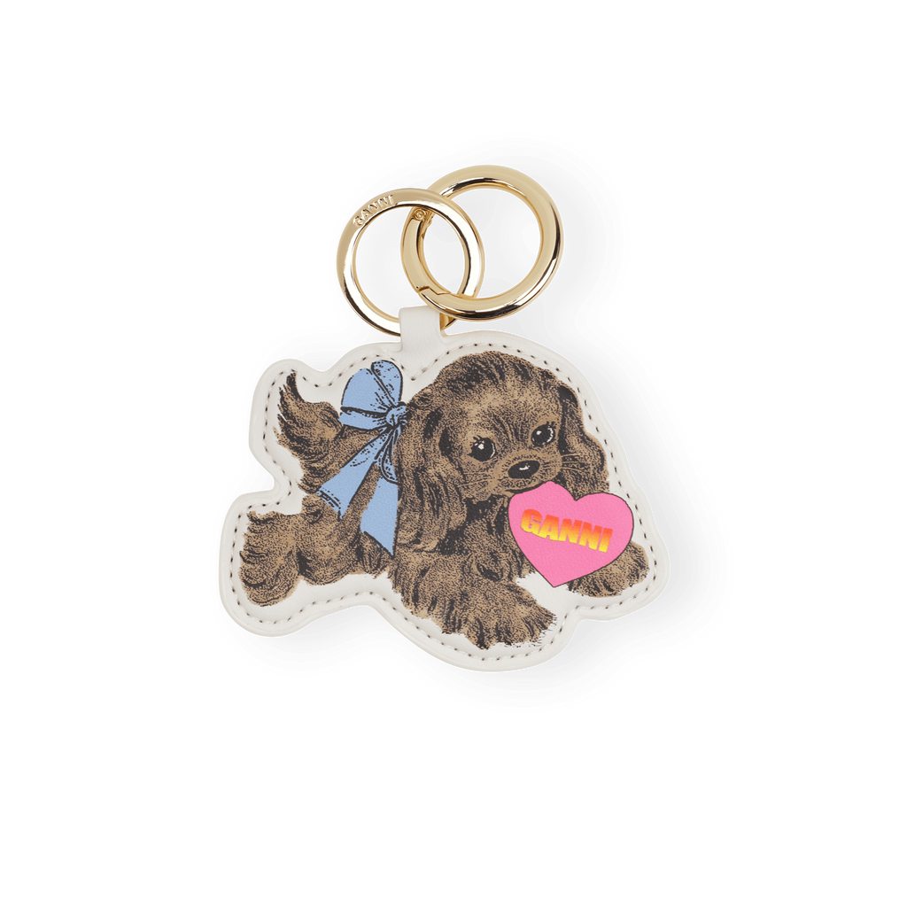 GANNI brown puppy dog key ring chain gold tone bag charm