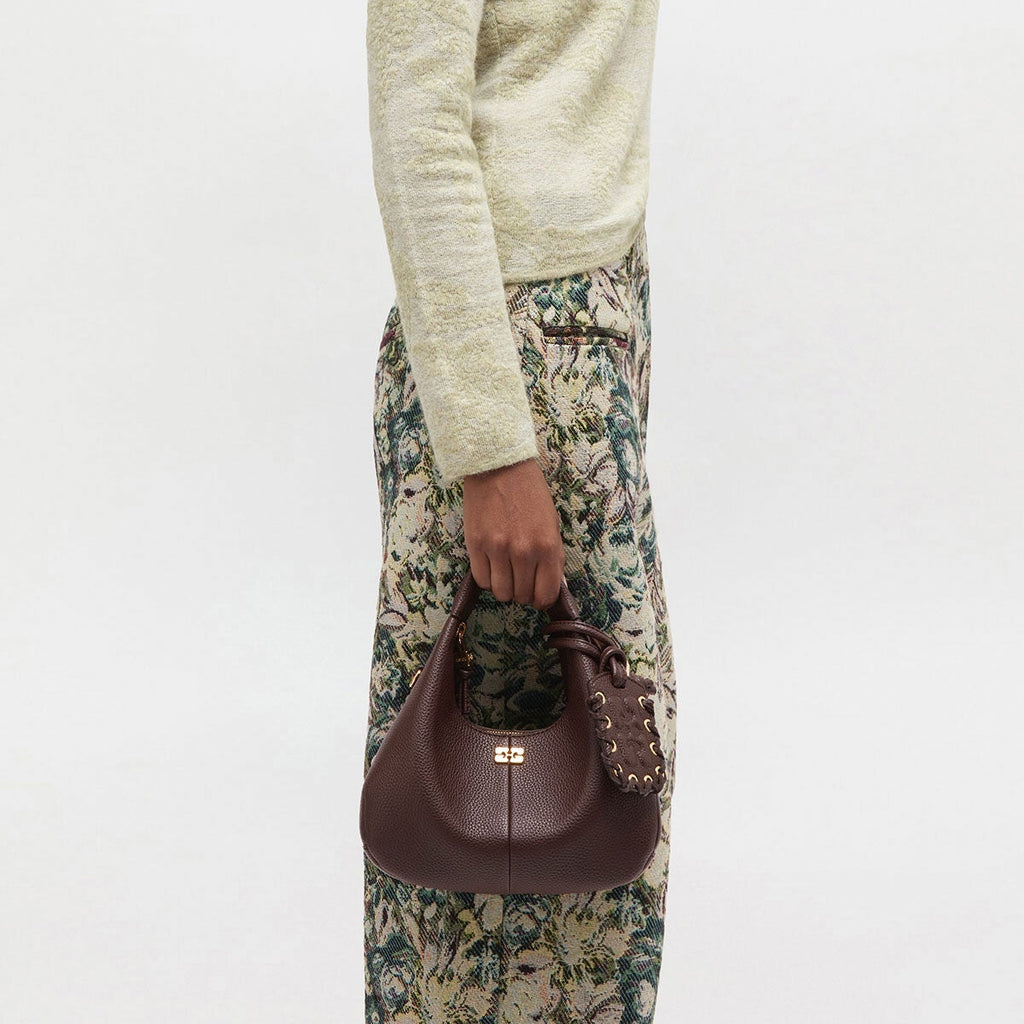 GANNI mini Hobo top handle handbag in grained chicory brown finish