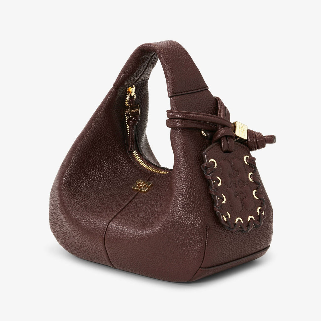 GANNI mini Hobo top handle handbag in grained chicory brown finish