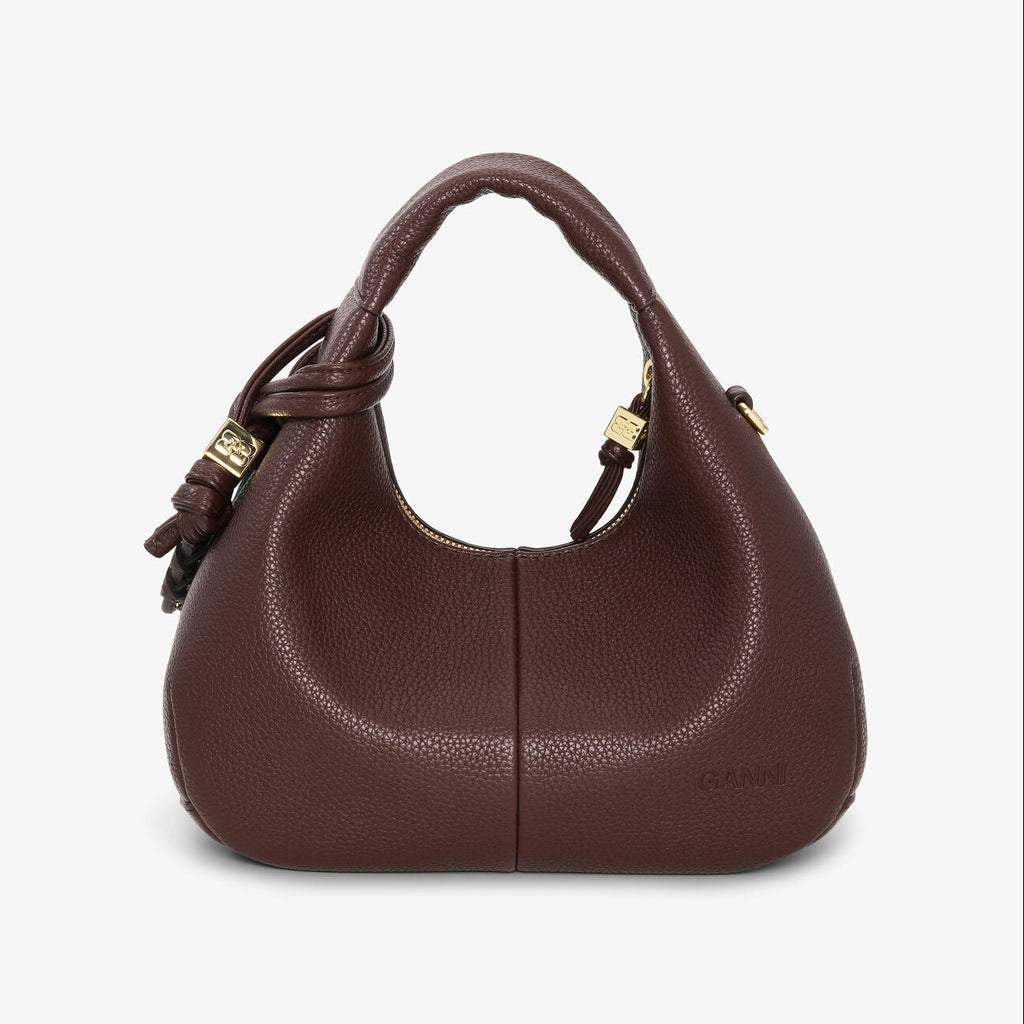 GANNI mini Hobo top handle handbag in grained chicory brown finish