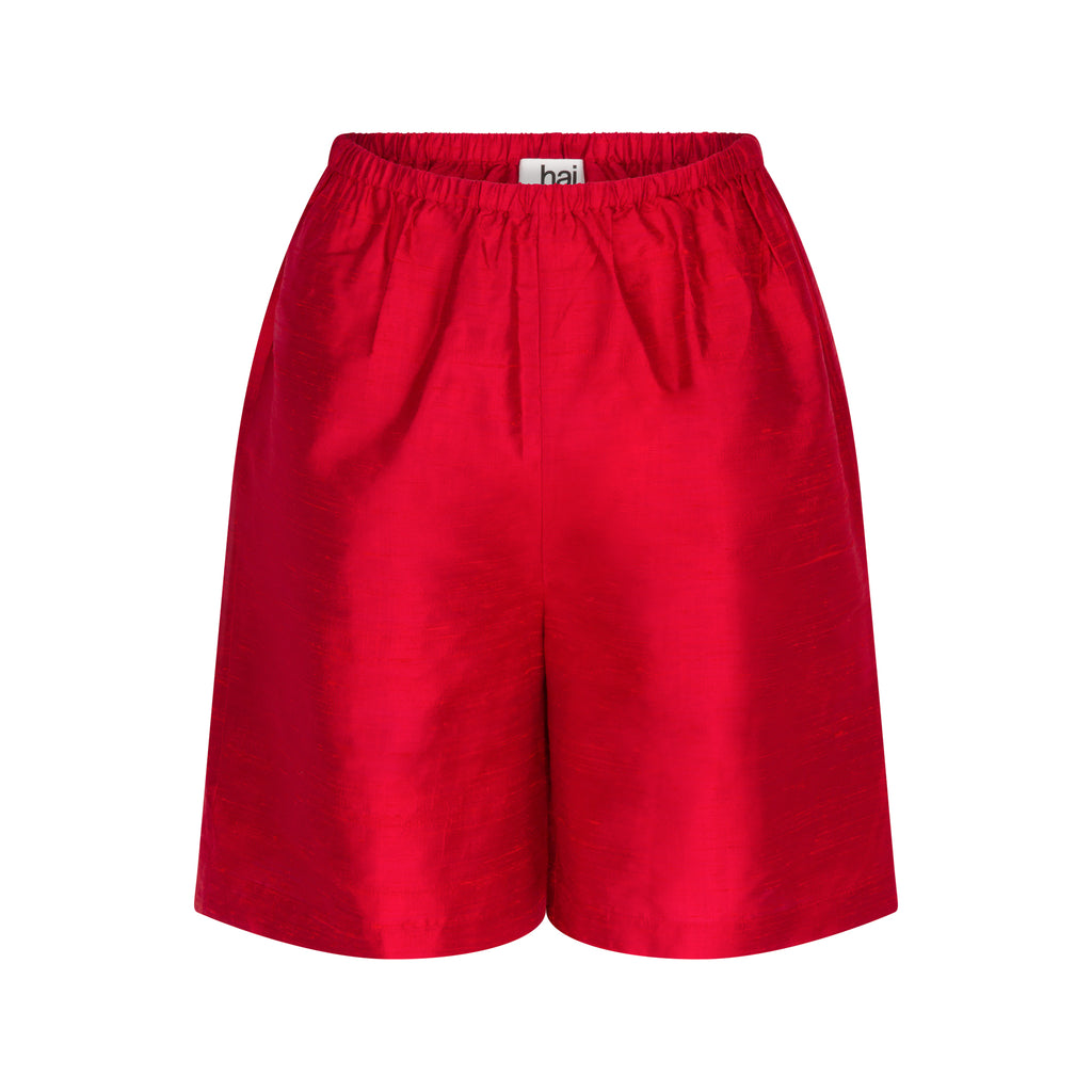 red dupion silk wide leg pull on Adeline shorts by Home of Hai
