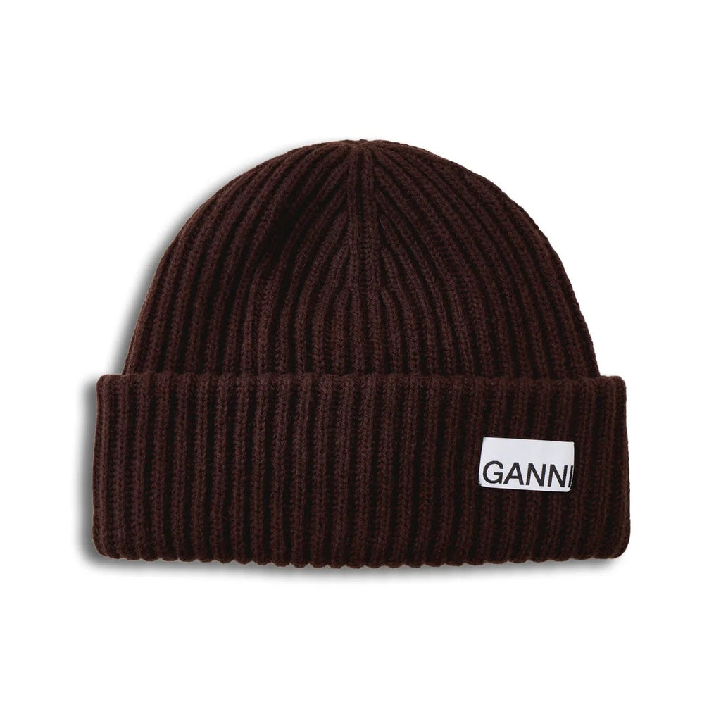 GANNI structured wool Rib Knit logo Beanie chocolate plum brown