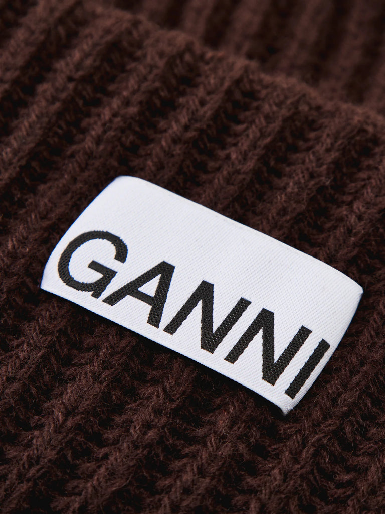 GANNI structured wool Rib Knit logo Beanie chocolate plum brown