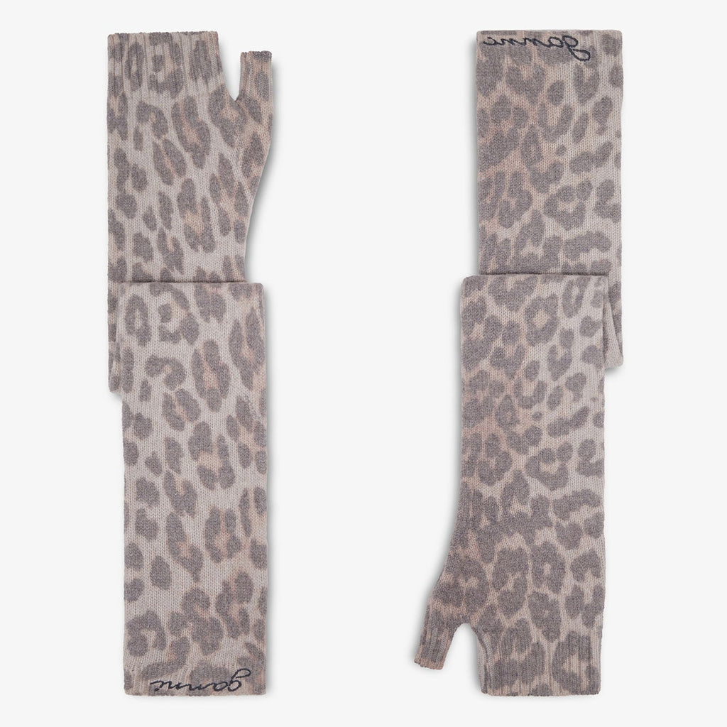 GANNI elbow length, fingerless, woollen knitted sleeve warmers in leopard print LOGO