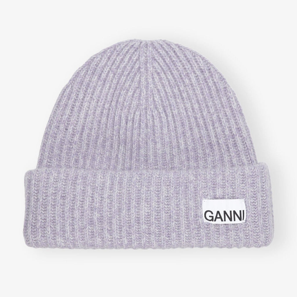 ganni knitted oversized wool beanie lilac purple lavender blue logo