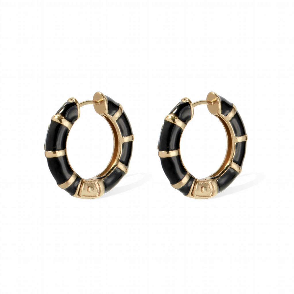 gas bijoux gold plated black enamel bambou hoop earrings