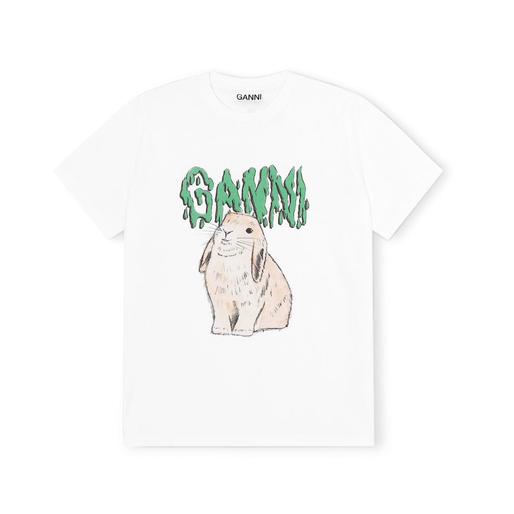 relaxed white t-shirt with melting Ganni logo and cute bunny graphic